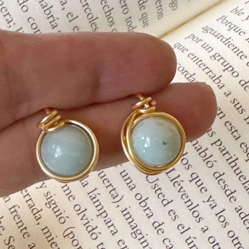 Blue Amazonite gold chunky stud  spheres halo earrings/Virgo jewelry